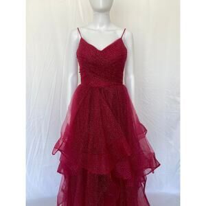 Sparkly Straps Ruffles Long Prom Dress with Open Back- Red